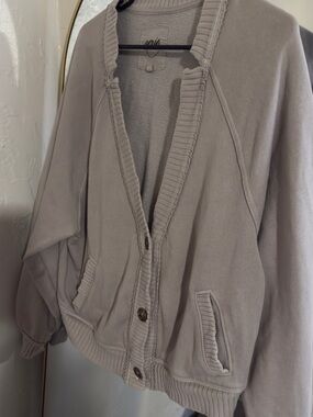 aerie Light Taupe Ribbed-Trim Button Cardigan